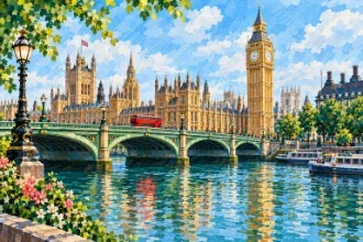 Generated view of St Paul's Cathedral and Millennium Bridge across the Thames in sunshine
