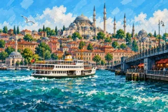 Generated view of an Istanbul ferry and the historic skyline across vivid blue water