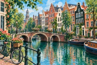 Amsterdam canal houses and moored boats beside the water