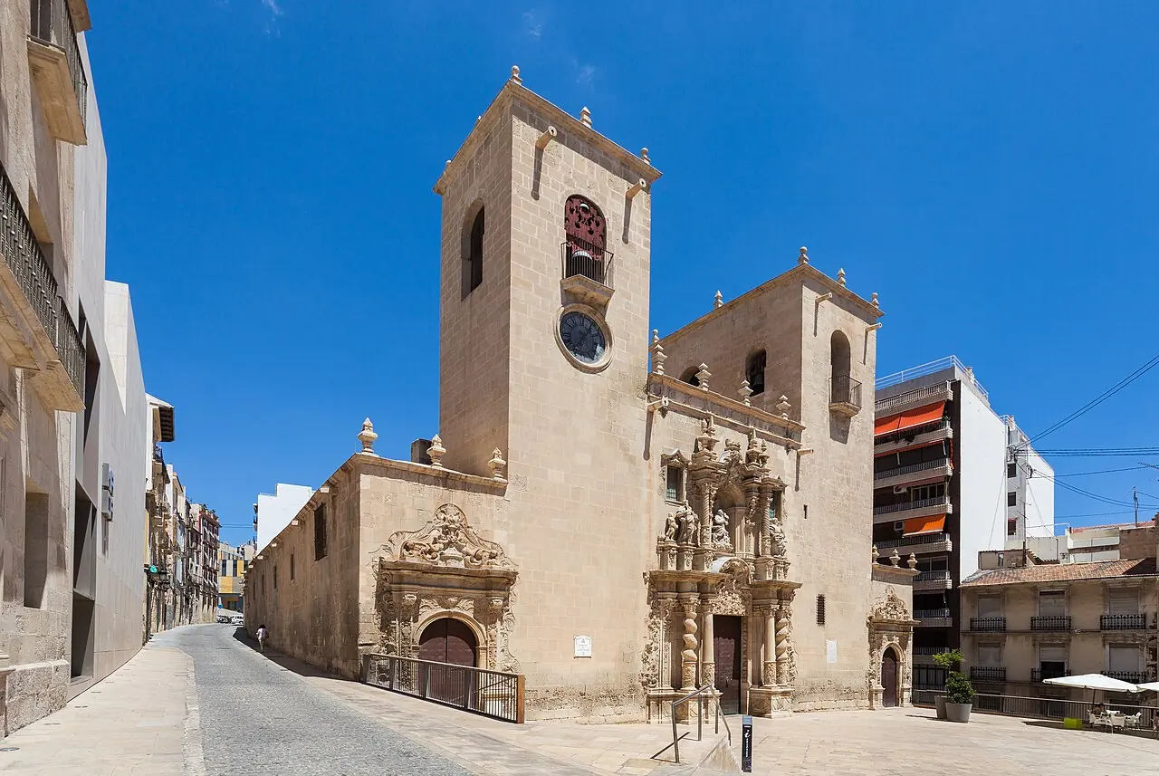 The stone facade of Alicante's Basilica of Santa Maria