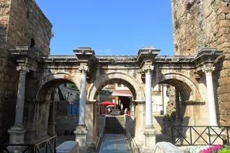 The three stone arches and columns of Hadrian's Gate in Antalya