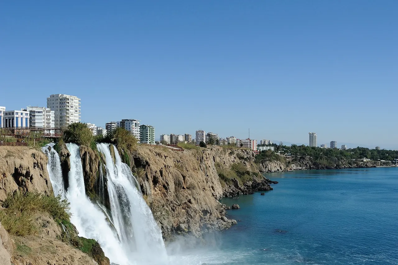 Lower Duden waterfall descending from Antalya's cliffs into the sea