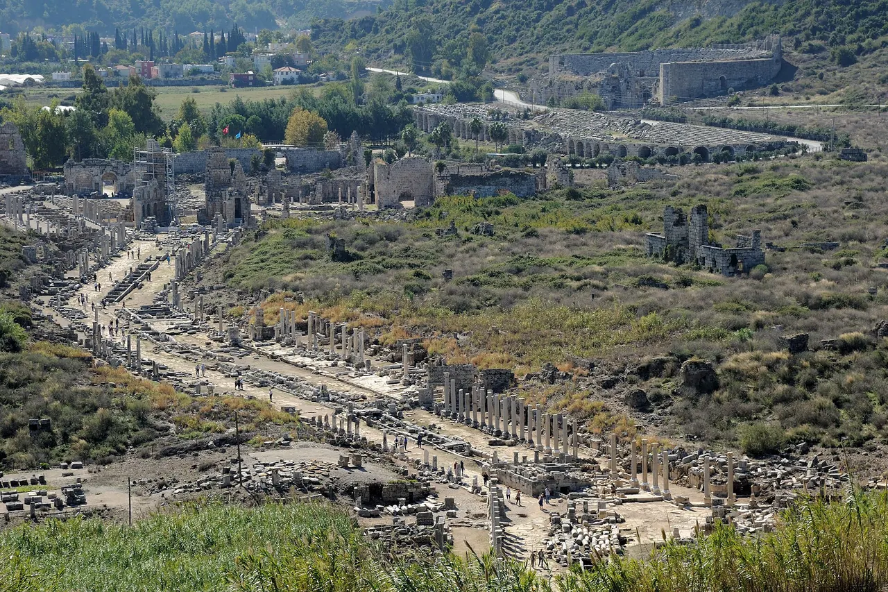 Columns and stone streets across the archaeological site of Perge