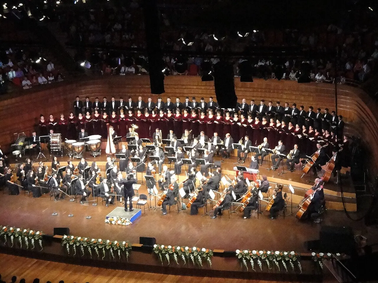 Musicians performing on the stage inside Kazakhstan's Central Concert Hall