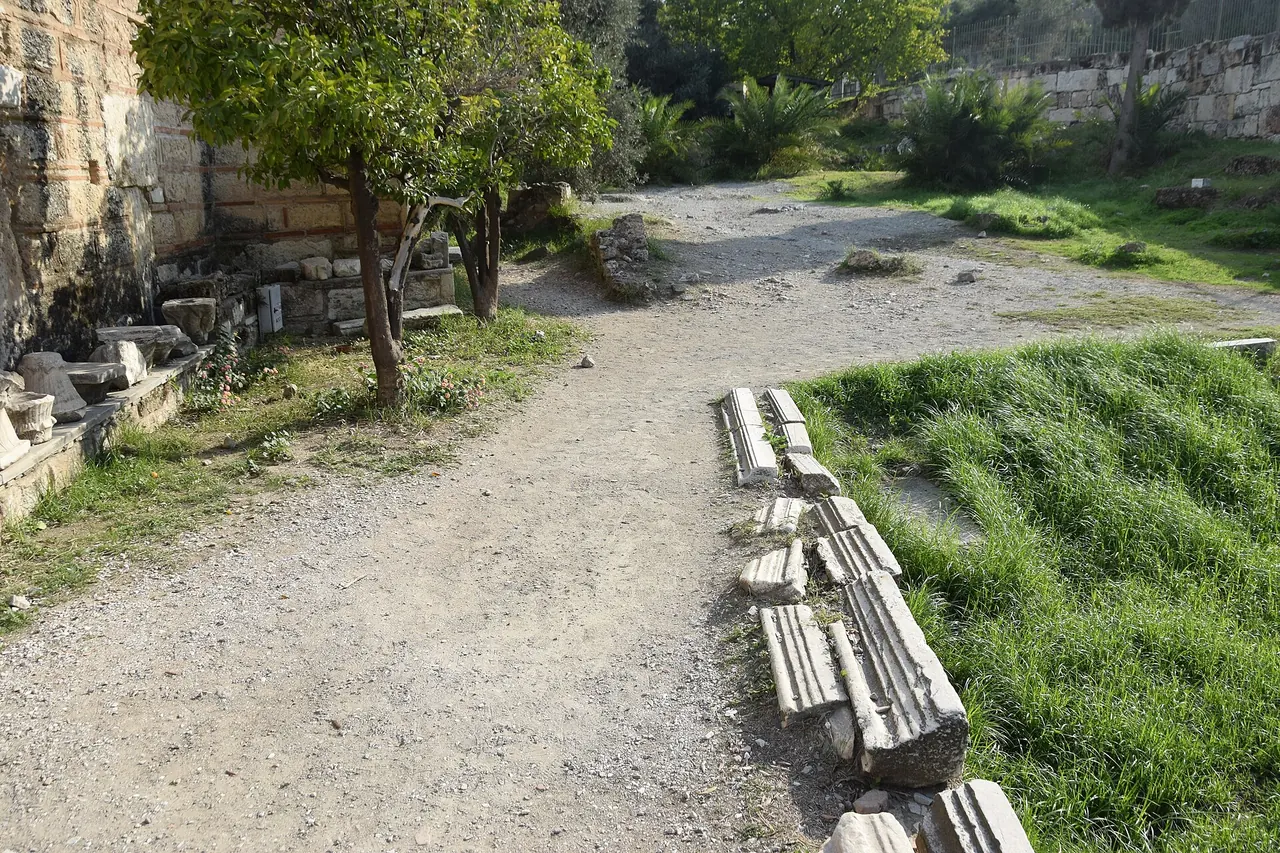 Excavated remains and a visitor path in the Ancient Agora of Athens