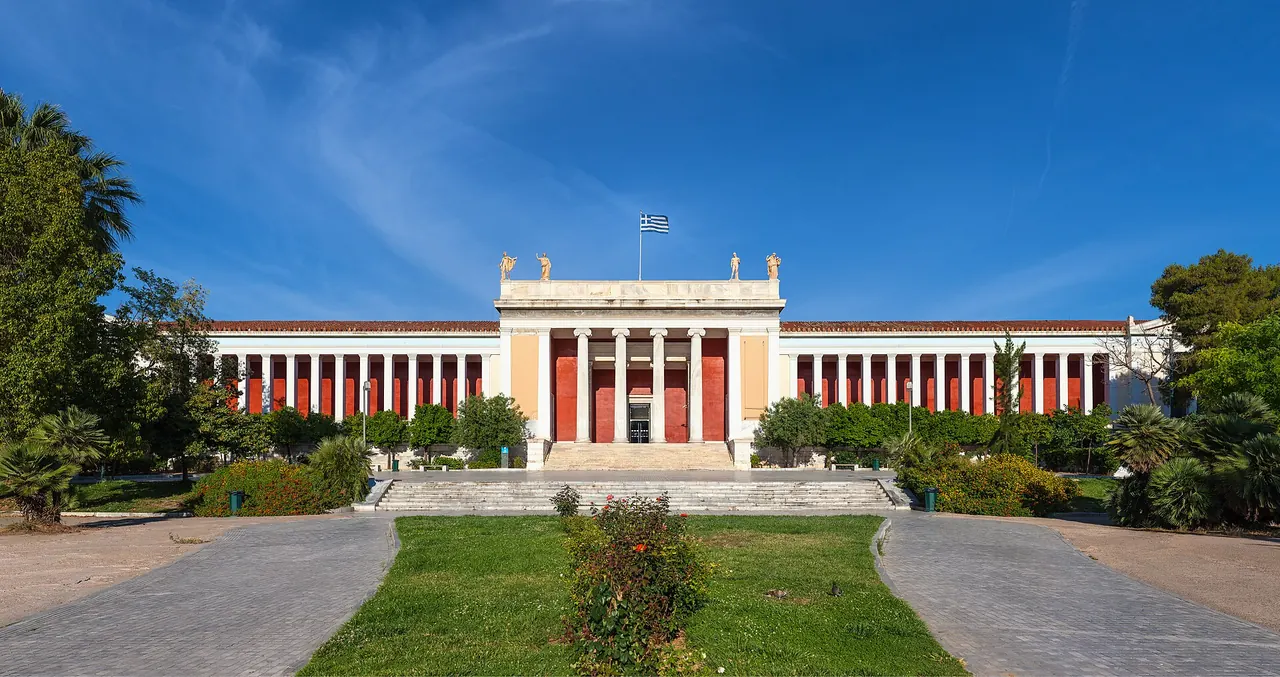 The neoclassical facade and forecourt of the National Archaeological Museum in Athens