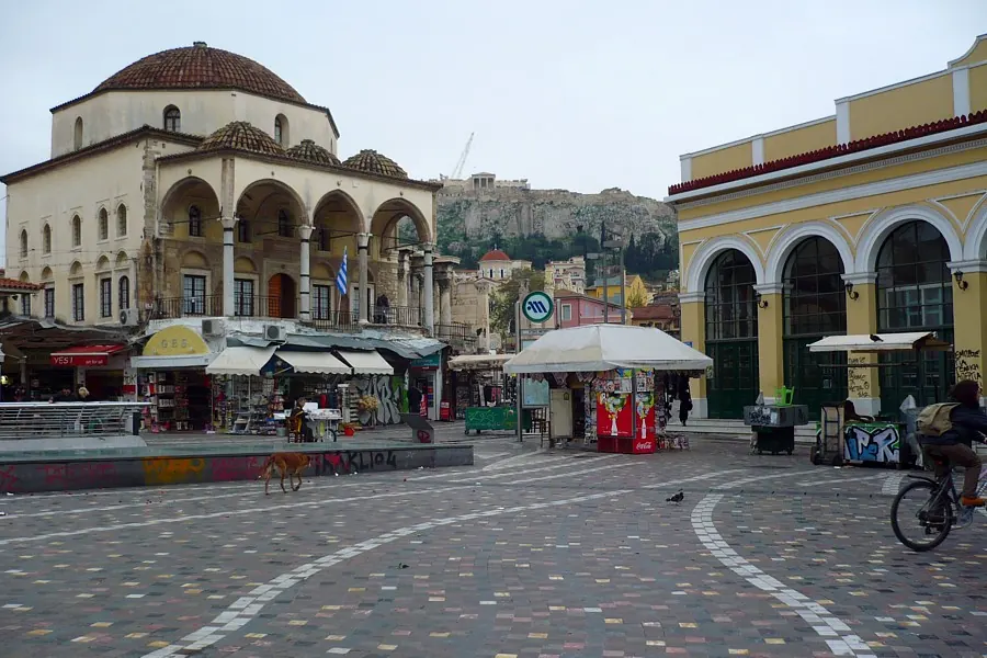 Monastiraki Square and its historic buildings beneath the Acropolis in Athens