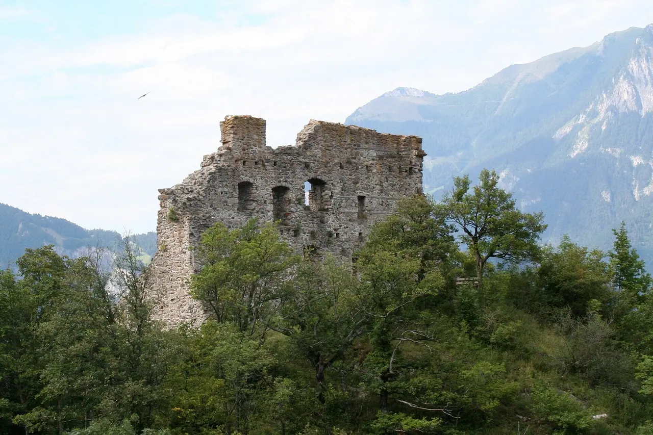 Las ruinas de Wartenstein con montañas al otro lado del valle