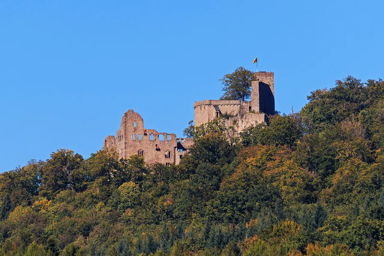 The ruins of Hohenbaden Castle on the wooded hillside