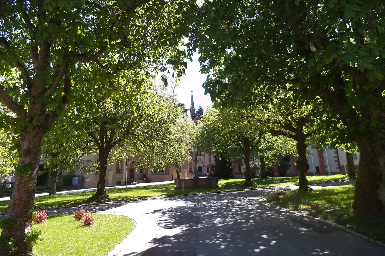 A landscaped walk with the towers of Lichtenthal Abbey beyond