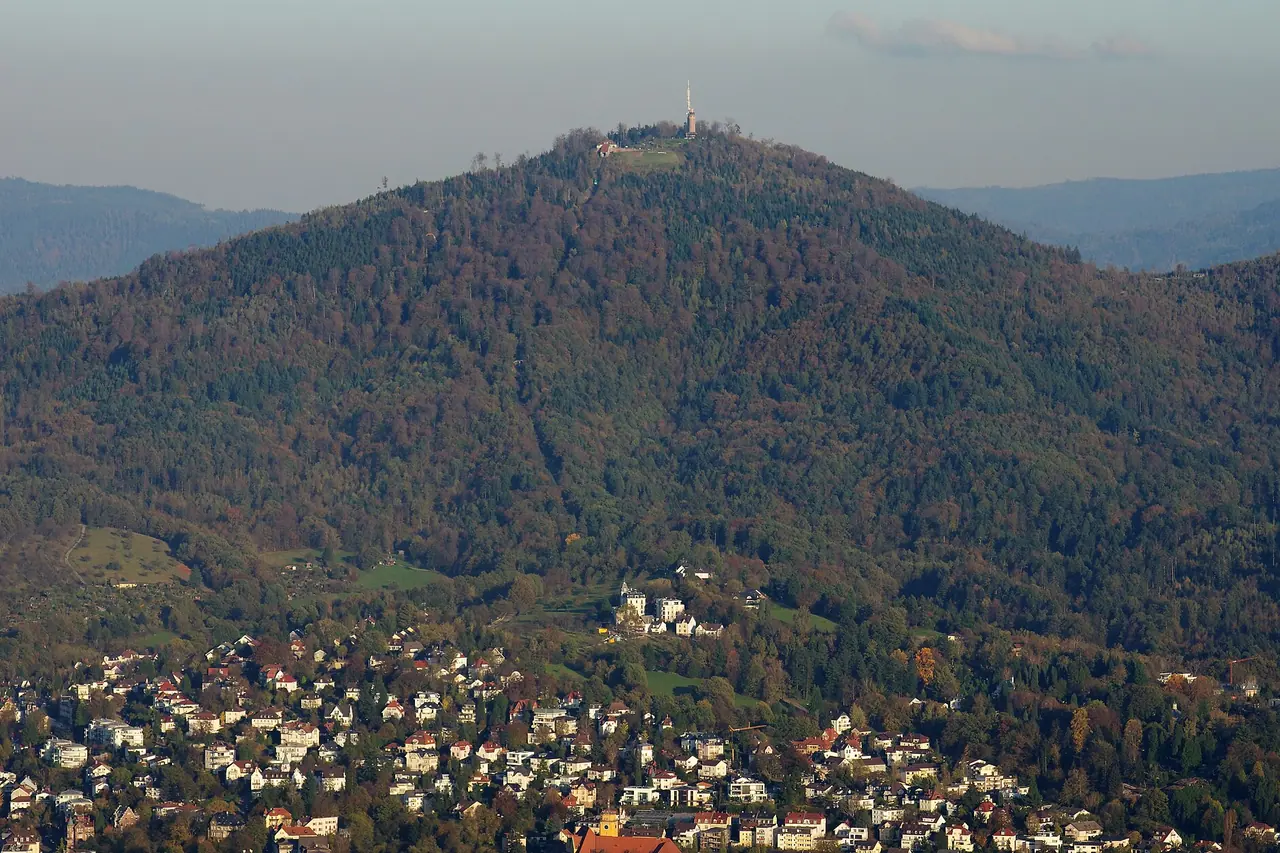 The wooded Merkur hill and its summit tower seen from a distance
