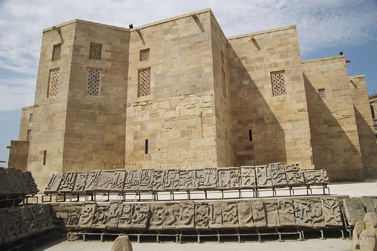 Carved stone walls and monumental forms in the Shirvanshahs Palace complex