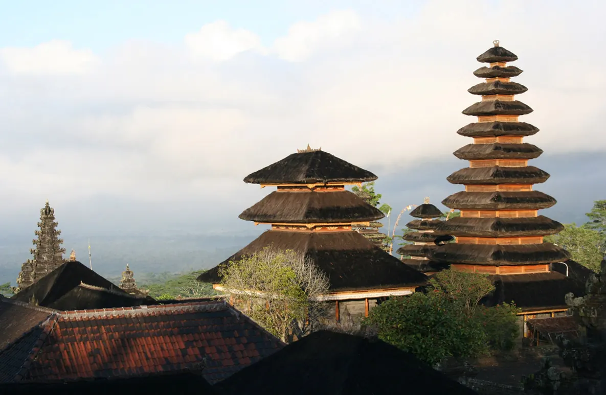 Temple roofs and stairways in the Besakih complex on Mount Agung