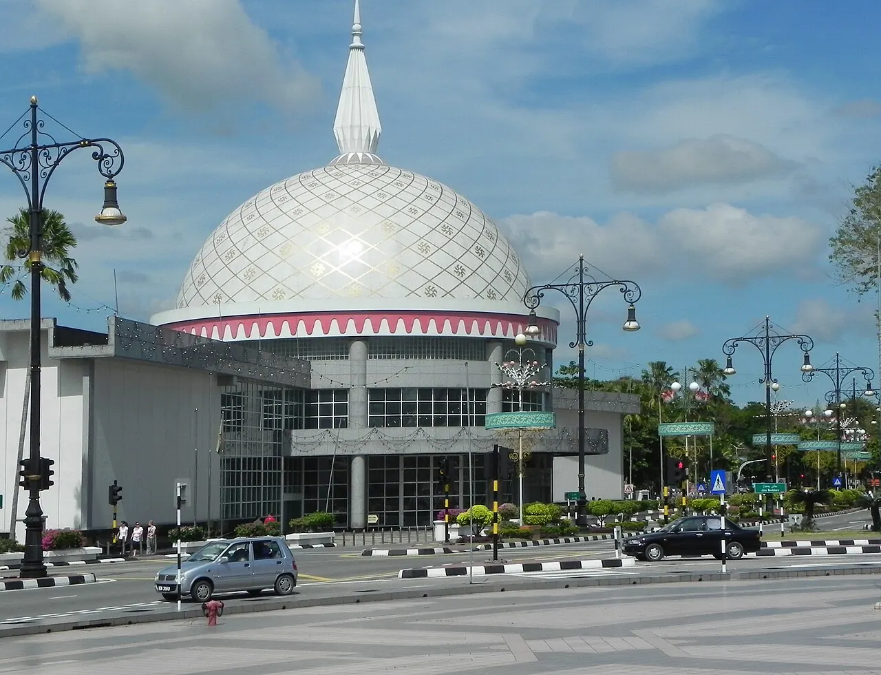 The Royal Regalia Museum's white domed entrance beside its central Bandar street