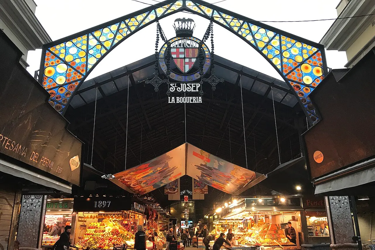 The decorative entrance arch of La Boqueria food market on La Rambla