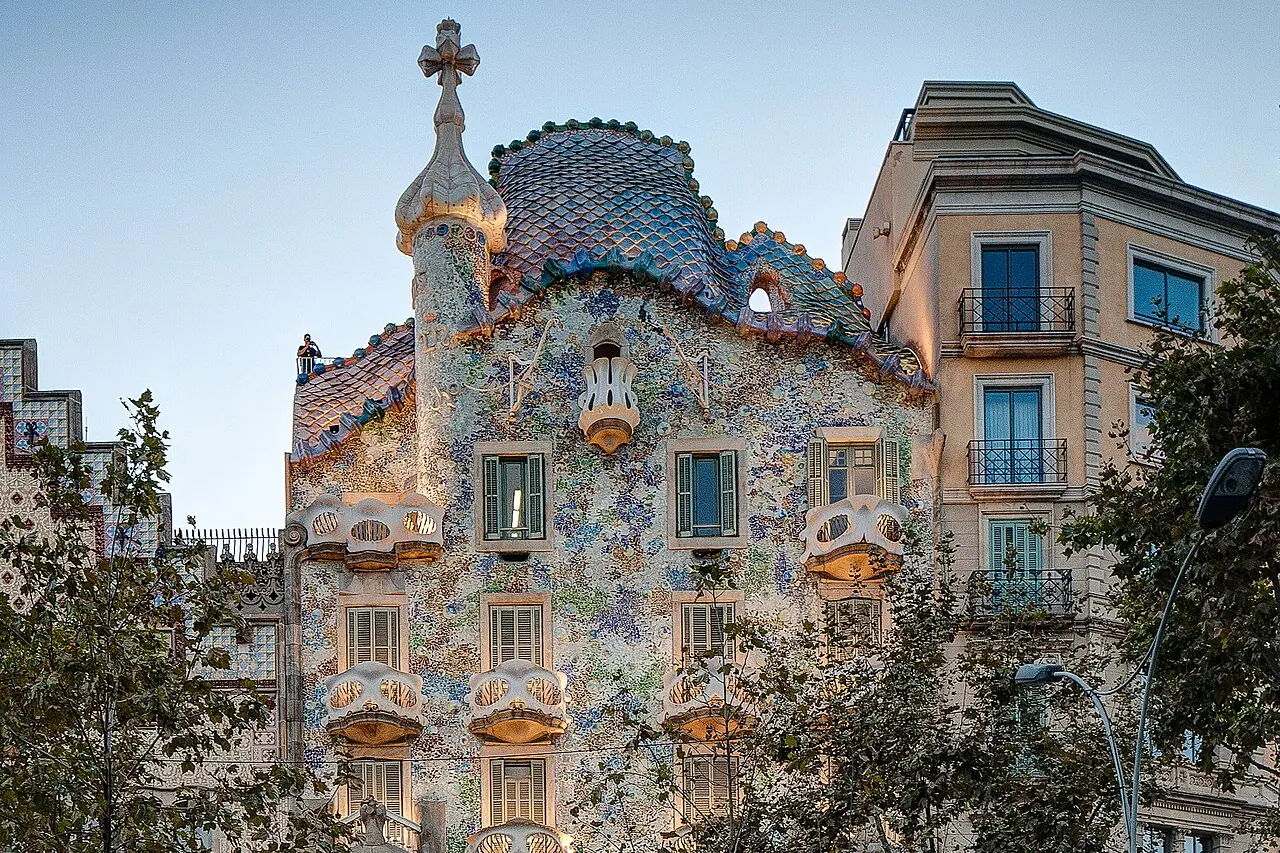 Casa Batllo's colourful facade and curved balconies on Passeig de Gracia