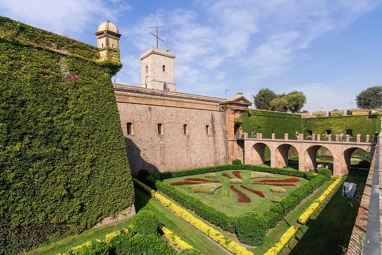 Stone ramparts and entrance approach at Montjuic Castle