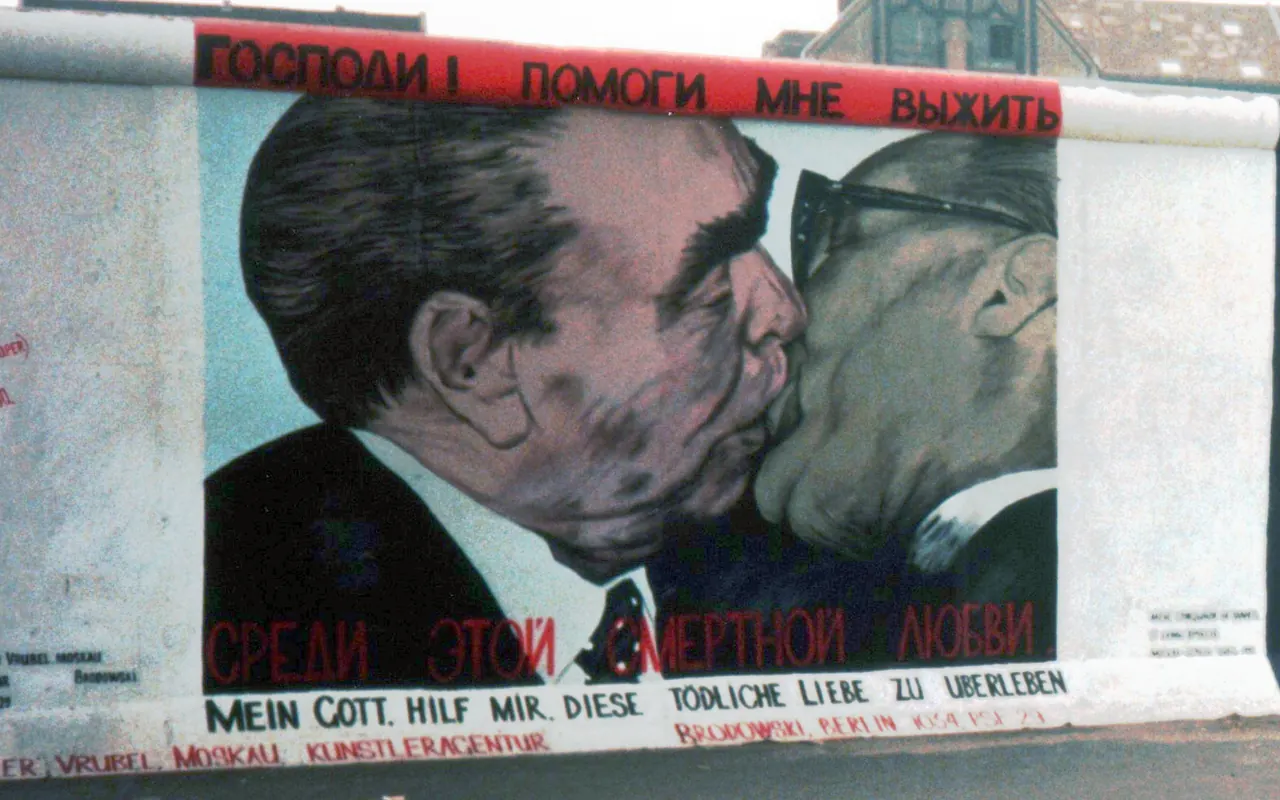 Dmitri Vrubel's fraternal-kiss mural on the preserved Berlin Wall at the East Side Gallery