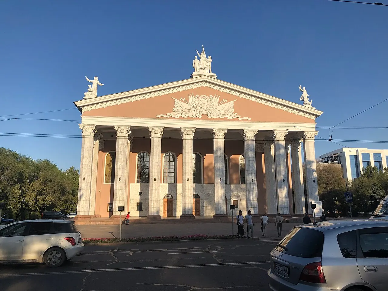 The columned facade of the Kyrgyz Opera and Ballet Theatre in Bishkek