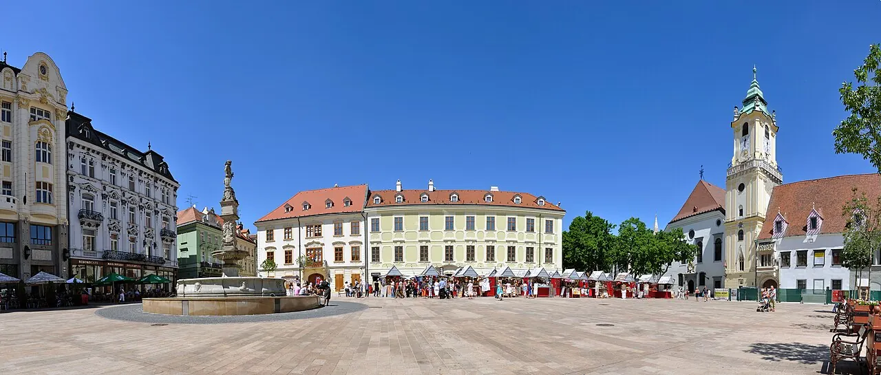 The Main Square with its fountain and surrounding civic buildings in Bratislava