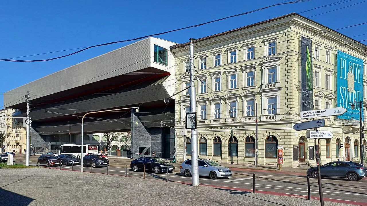 The modern Slovak National Gallery complex beside the Danube embankment in Bratislava