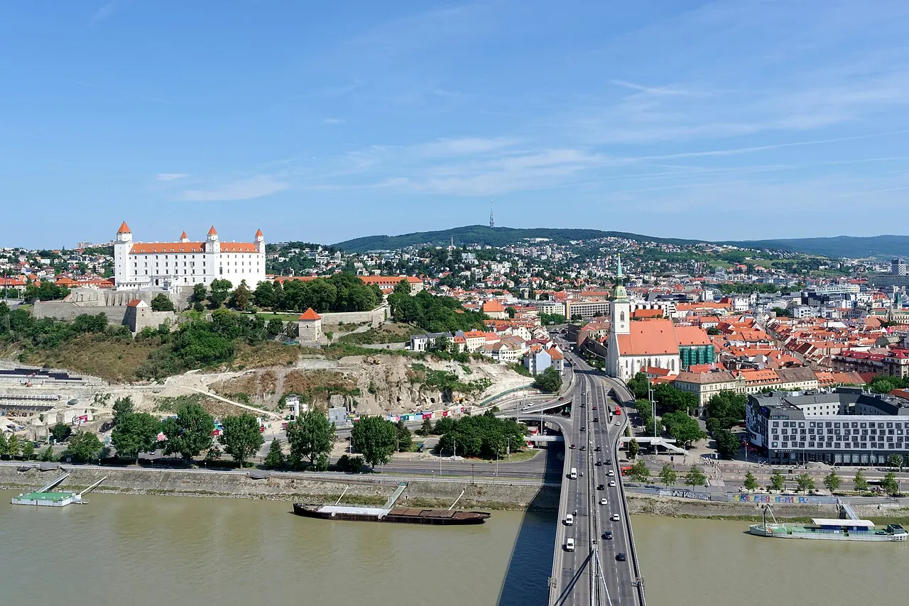 St Martin's Cathedral beside Bratislava Castle, seen from above the Danube