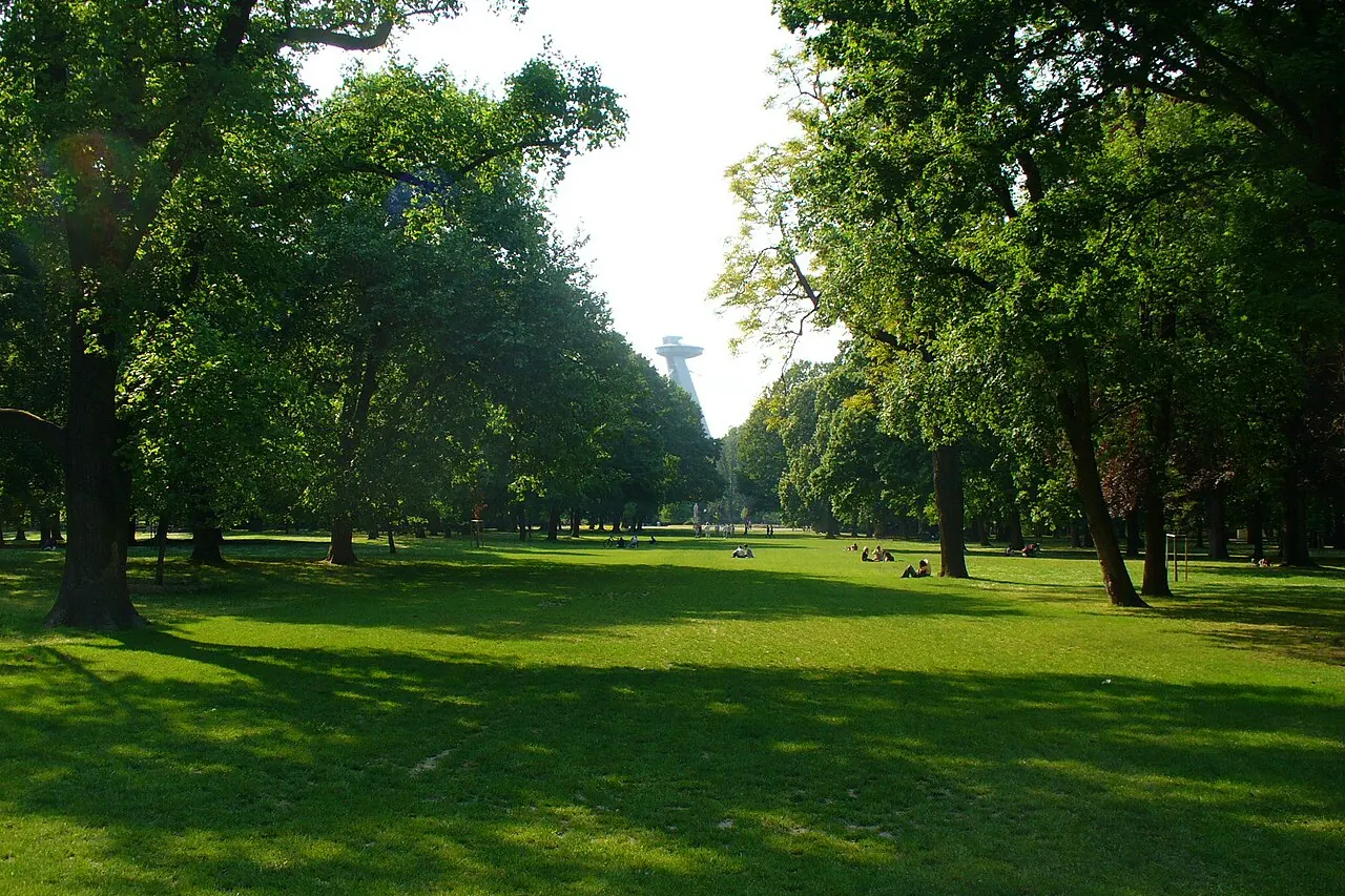 Trees and lawns in Janko Kral Park on Bratislava's Petrzalka bank