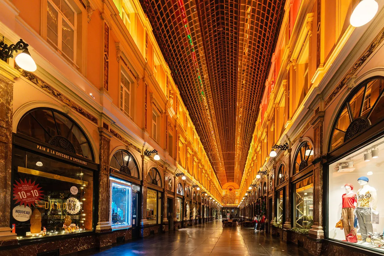 The glass-vaulted shopping arcade of the Royal Saint-Hubert Galleries