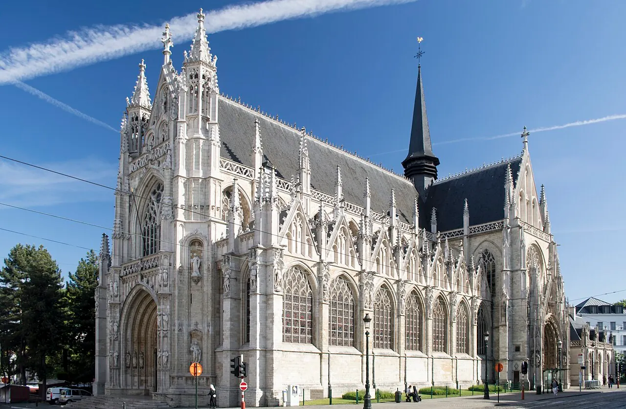 The Gothic exterior of the Church of Our Lady of Victories at the Sablon