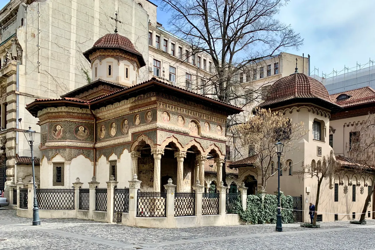Decorated porch and exterior of the Stavropoleos church in Bucharest