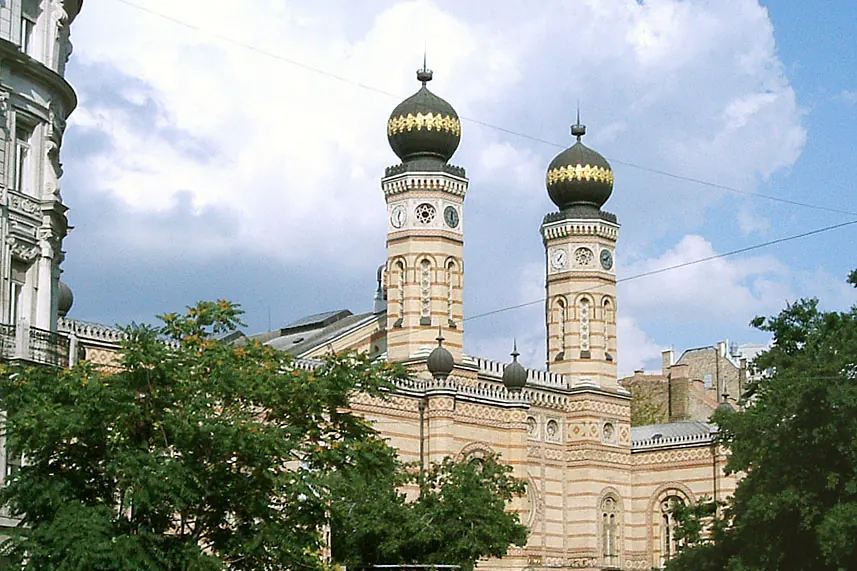 The twin towers and striped facade of Dohany Street Synagogue