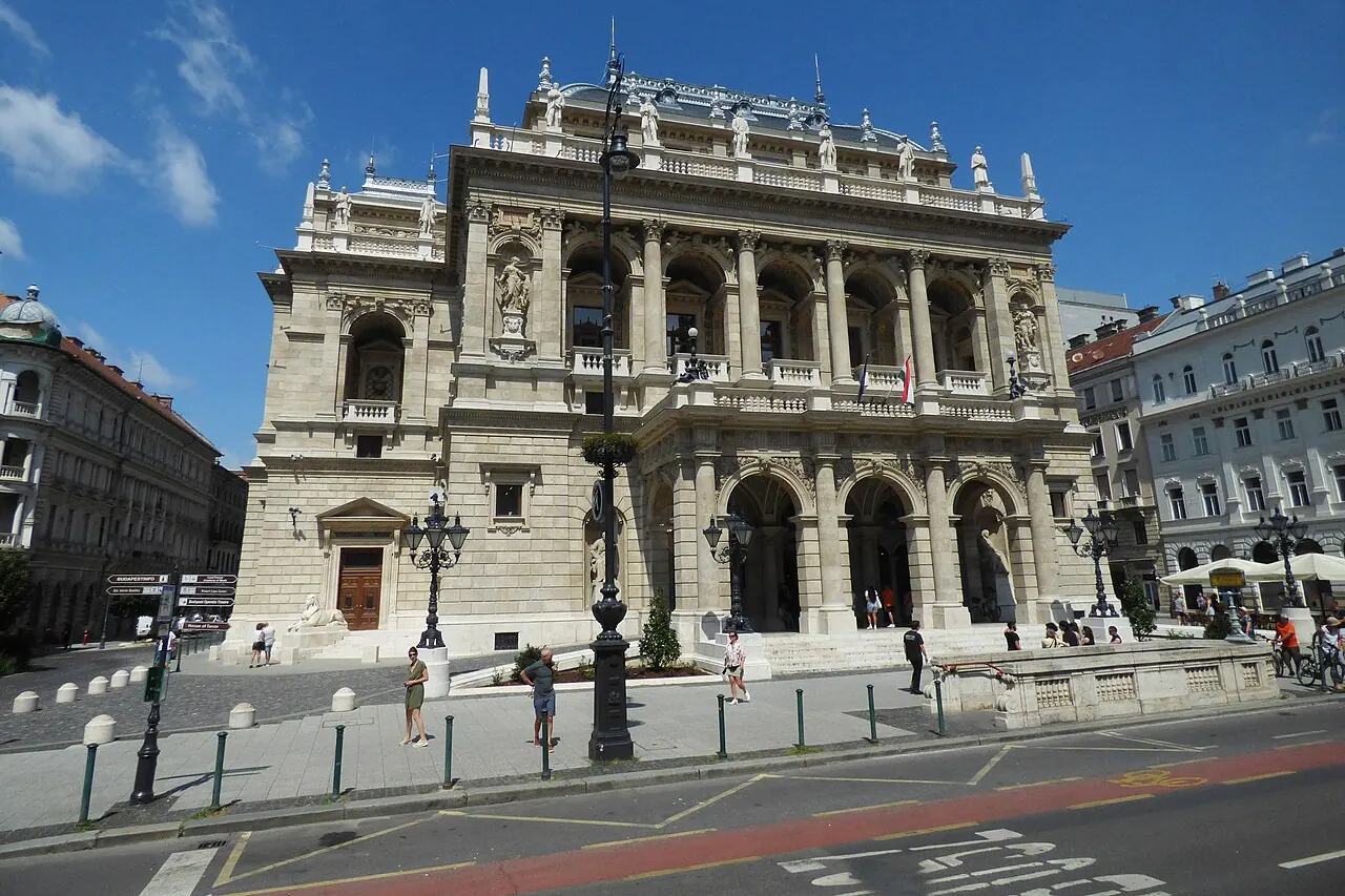 The ornate street facade of the Hungarian State Opera House