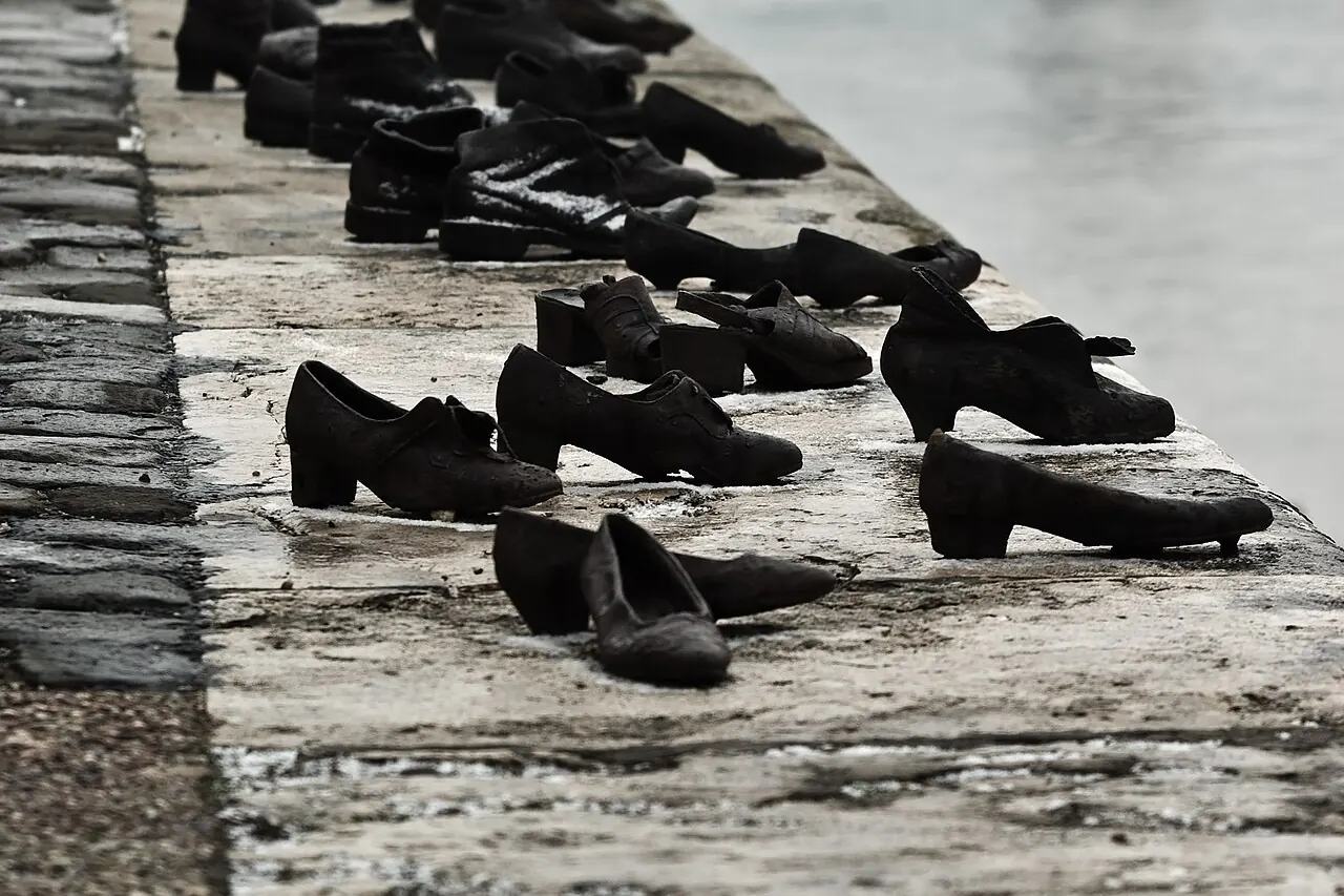 Iron shoes arranged along the Danube embankment memorial in Budapest