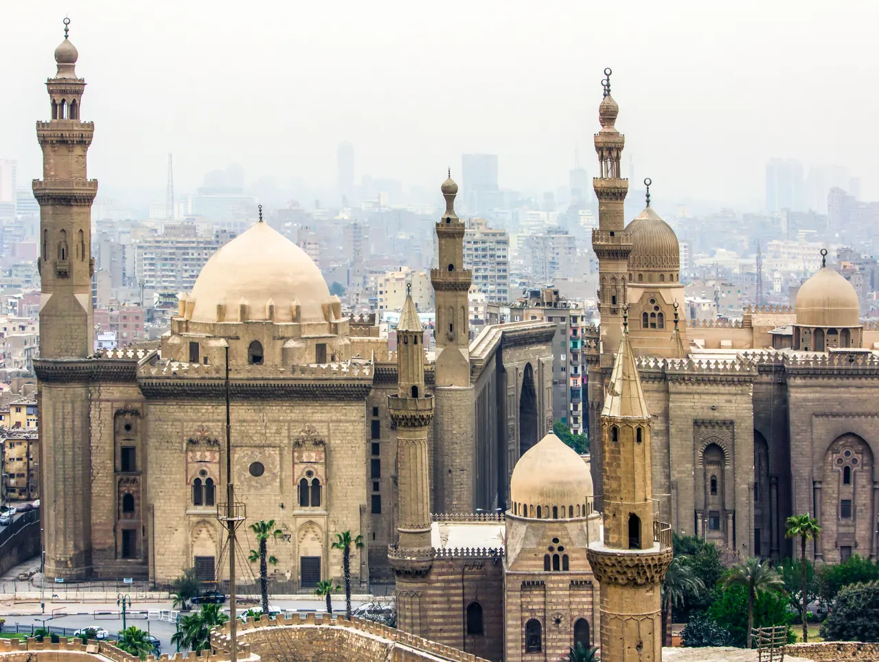 Sultan Hassan Mosque and neighbouring Al-Rifai Mosque below the Cairo Citadel
