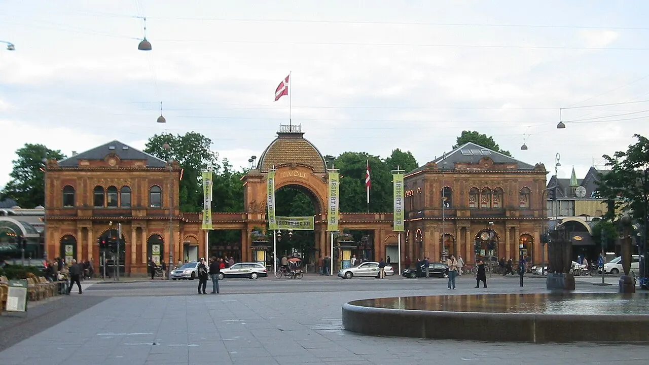 The illuminated main entrance to Tivoli Gardens in Copenhagen