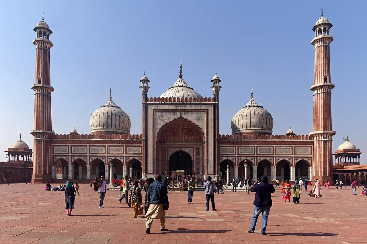 Jama Masjid in Delhi with its broad courtyard, central prayer hall and twin minarets