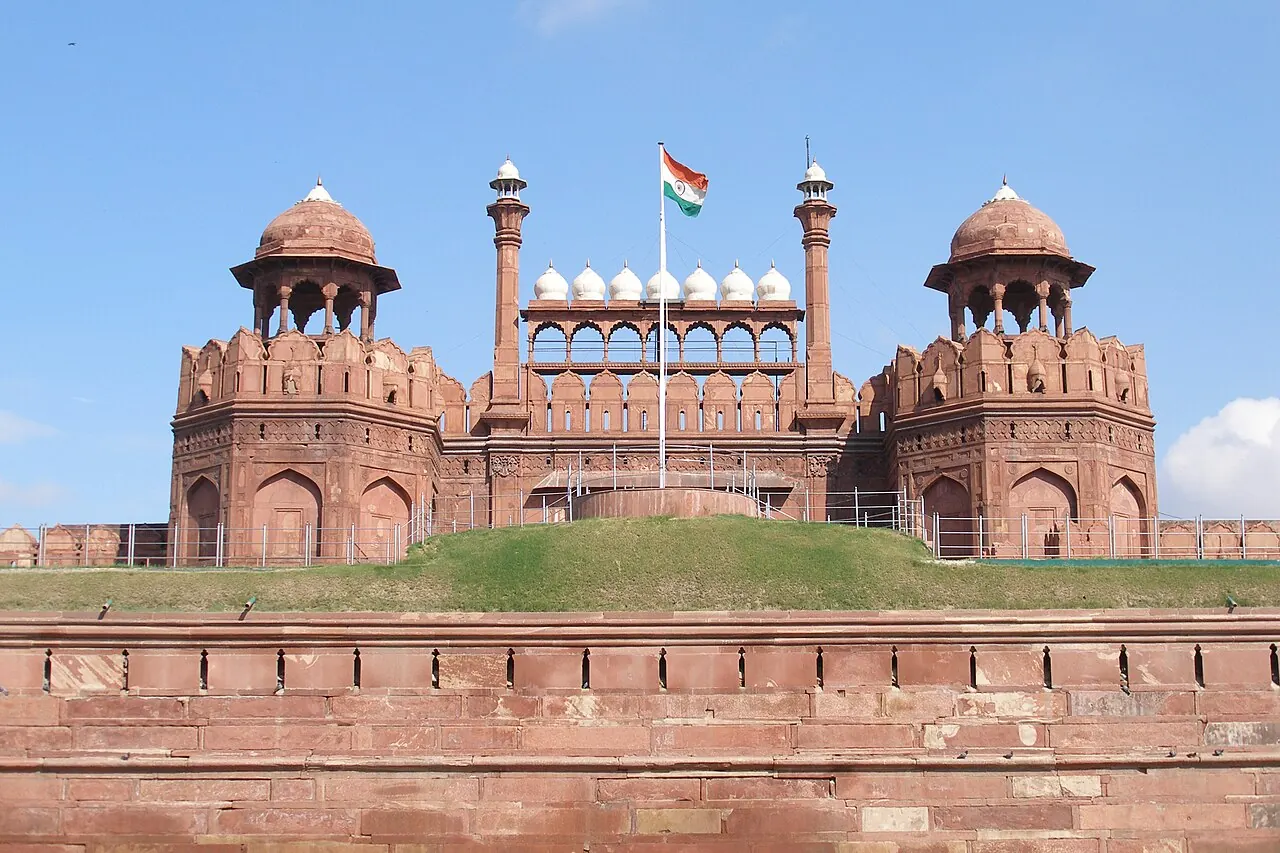 The red-sandstone Lahori Gate facade and ramparts of the Red Fort in Delhi