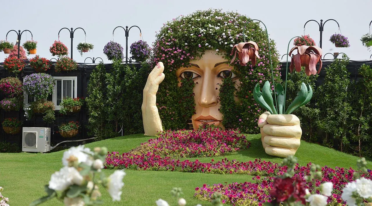 Colourful floral arches and planted displays inside Dubai Miracle Garden