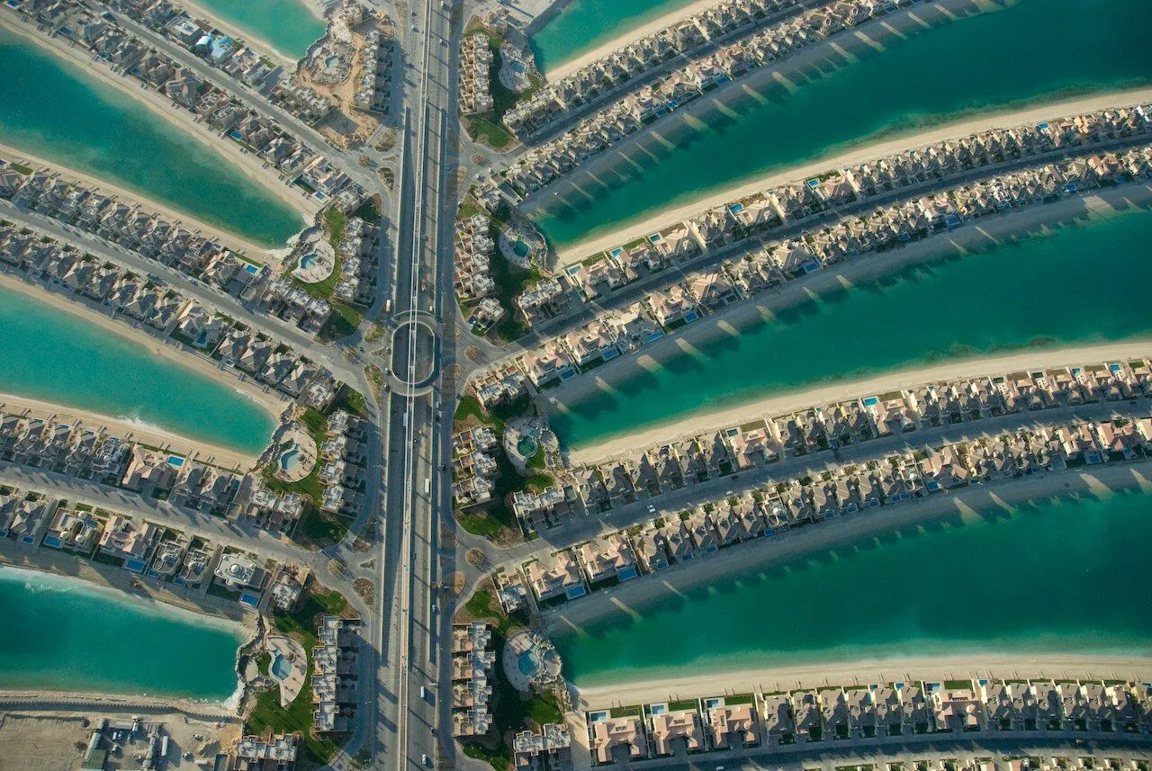 Palm Jumeirah's waterfront development and landscaped island setting