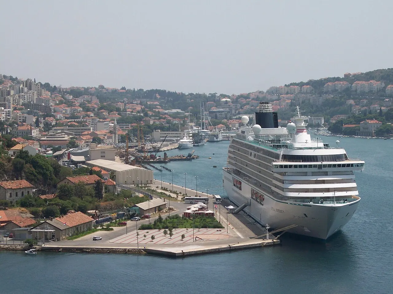 A cruise ship alongside the working waterfront in Gruz harbour, Dubrovnik