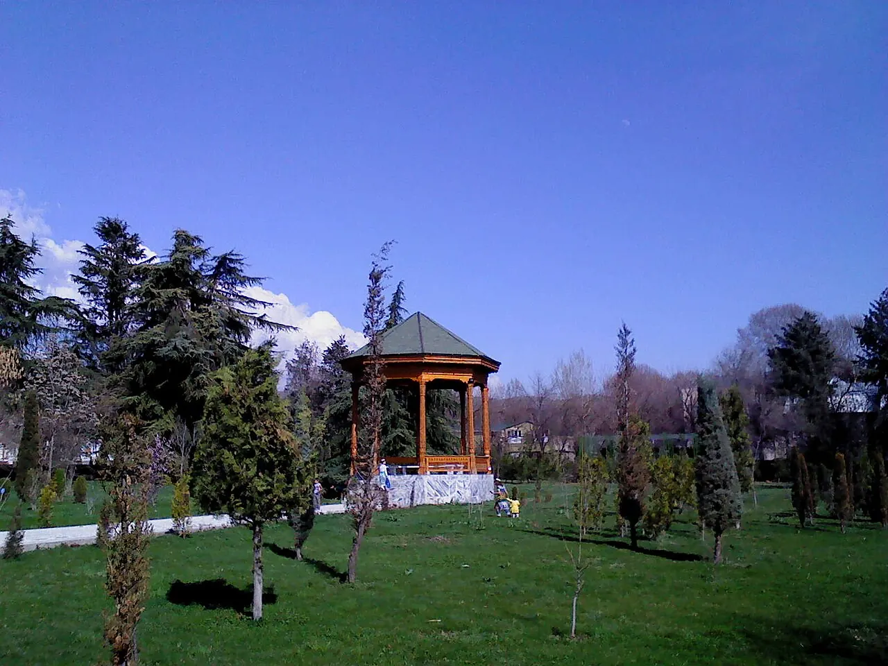 Bäume, Wege und bepflanzte Rasenflächen im Botanischen Garten Duschanbe