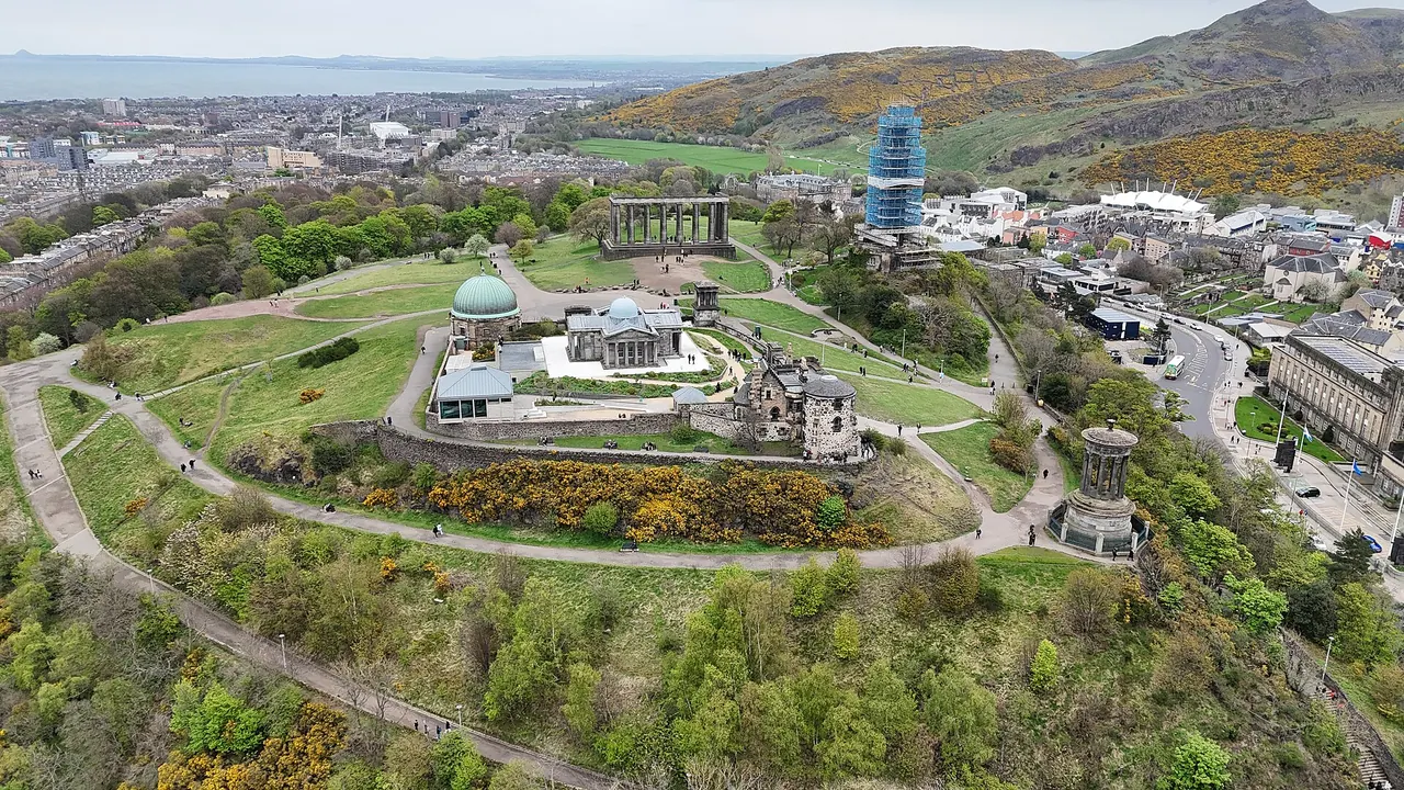 Calton Hill monuments and surrounding Edinburgh streets seen from above