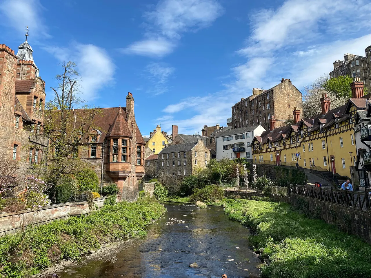 Historic Dean Village buildings beside the Water of Leith in Edinburgh