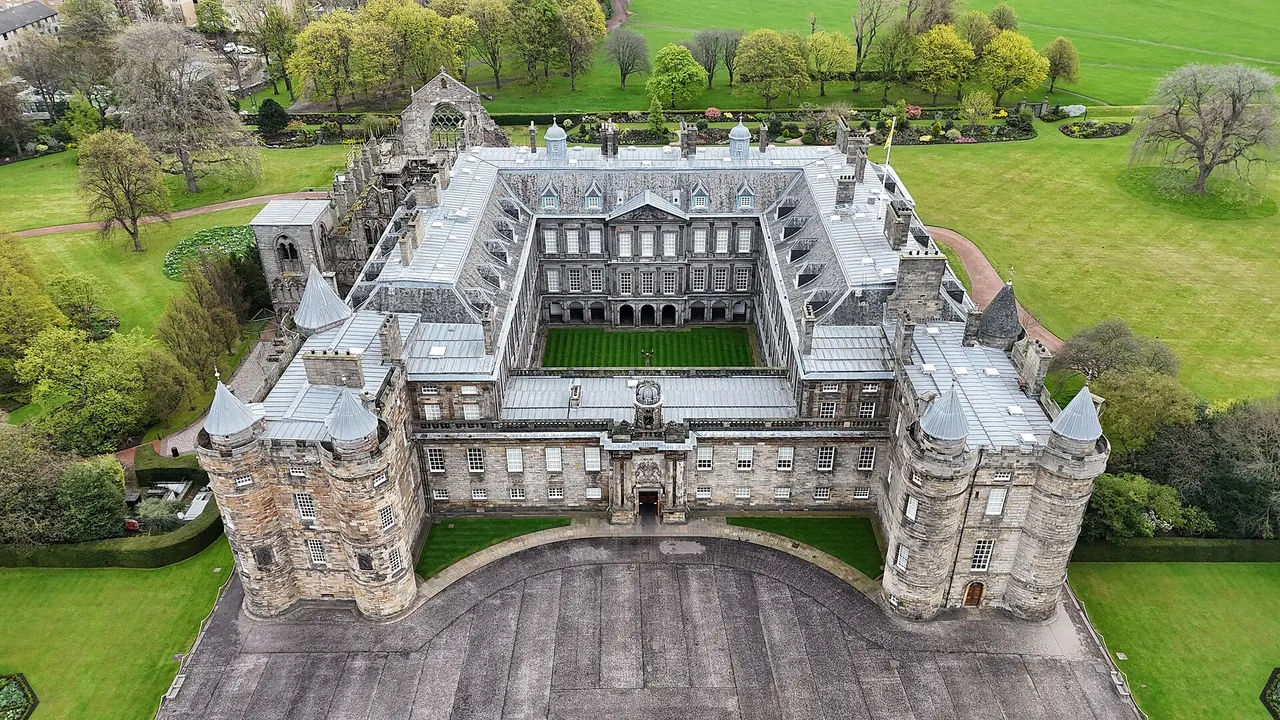 The Palace of Holyroodhouse and its central courtyard seen from above