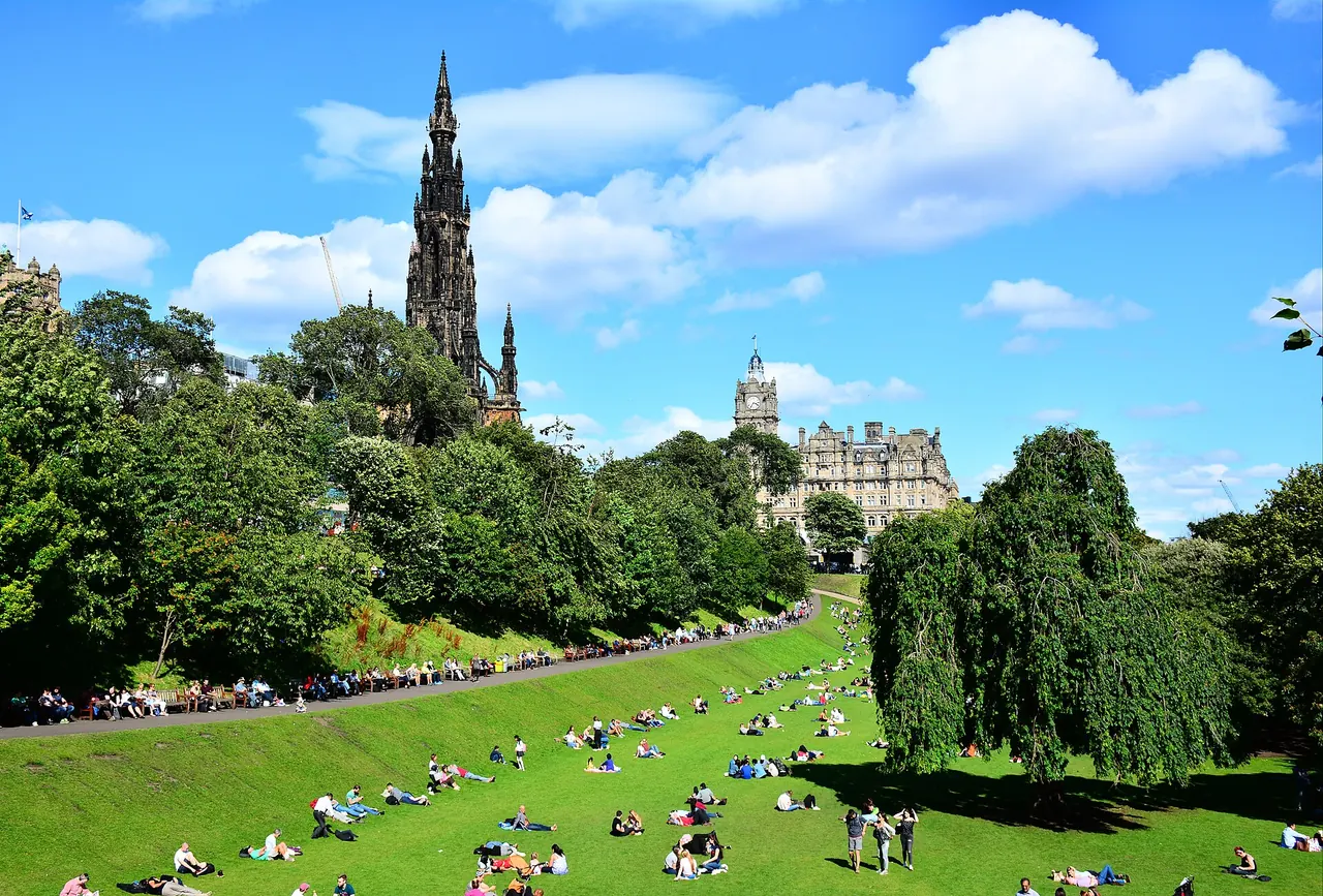 The Scott Monument rising above Princes Street Gardens in Edinburgh