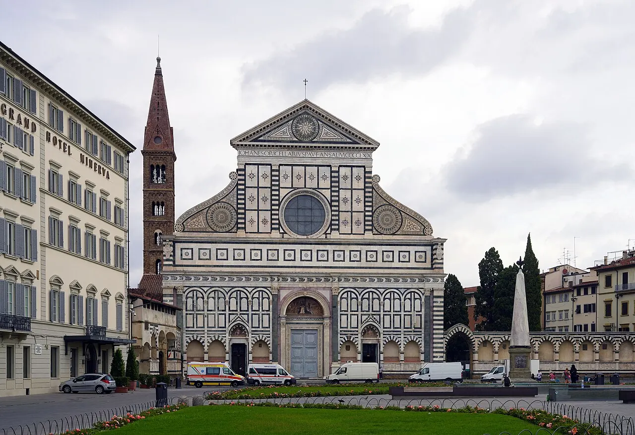 The green-and-white marble facade of Santa Maria Novella in Florence