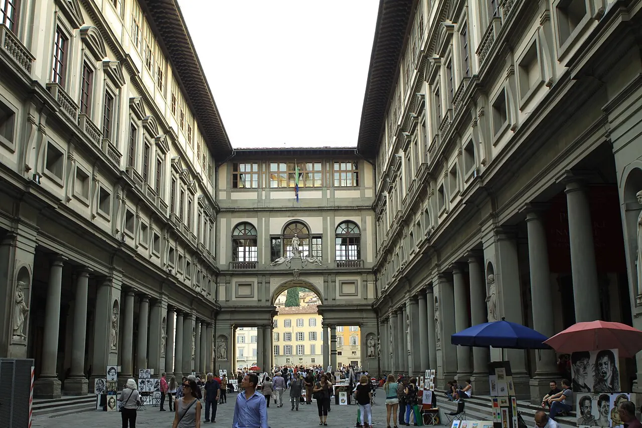 The Uffizi building and its long arcaded courtyard in Florence