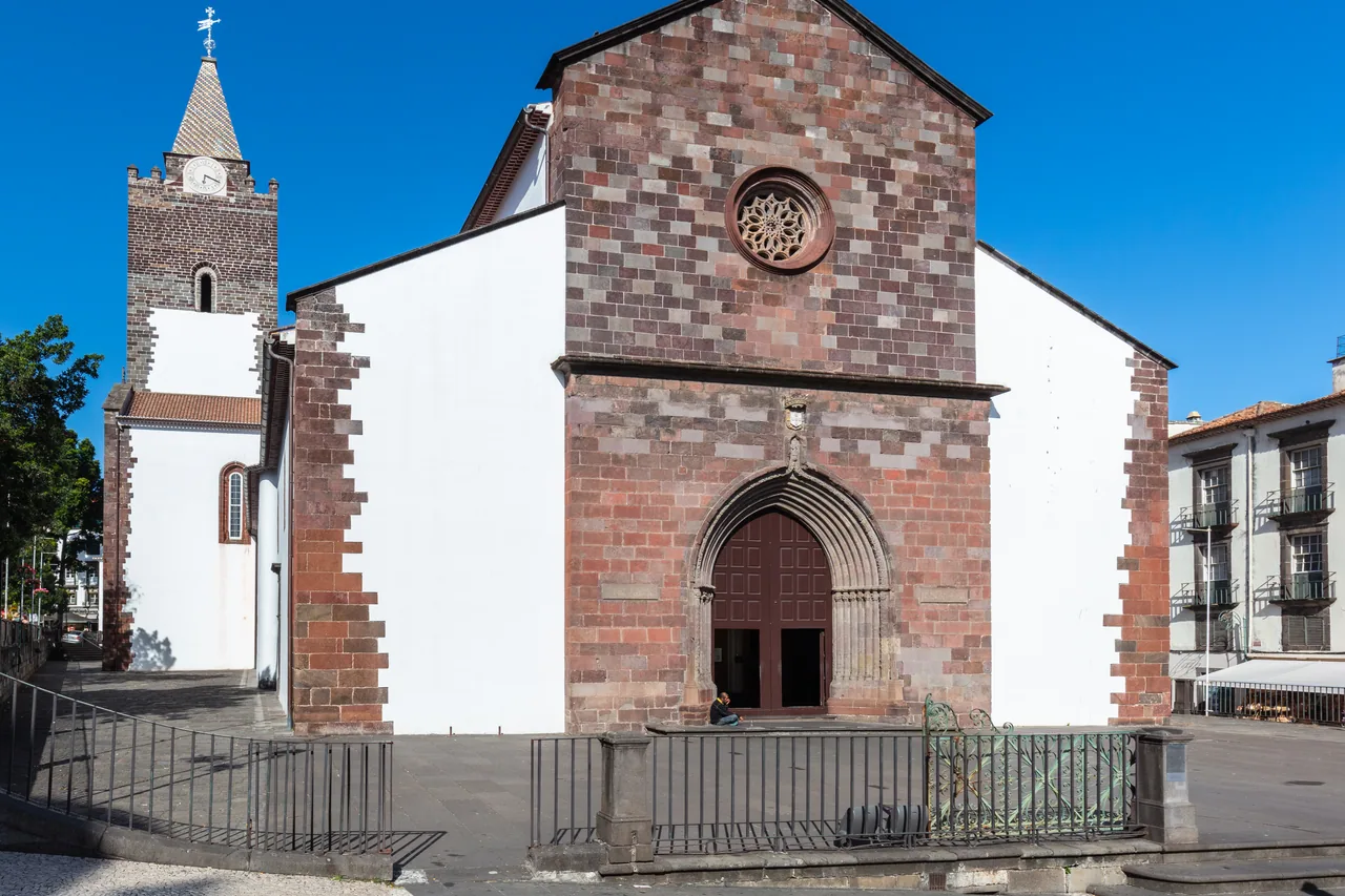 The cathedral facade and tower in central Funchal
