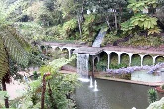 A waterfall and lush planting in Monte Palace garden