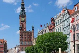 Historic facades and the Main Town Hall facing the Long Market in Gdansk